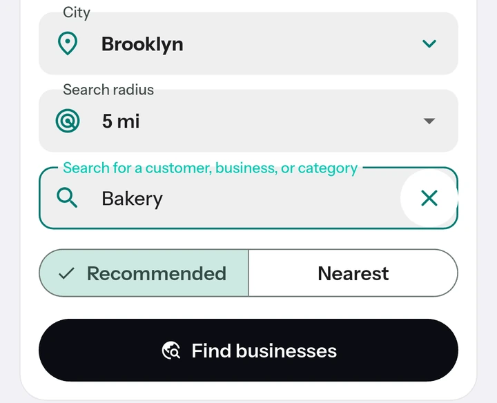 The Discover search screen with a category and an area chosen, before searching