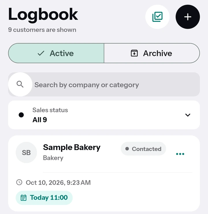 The customer list in the Logbook