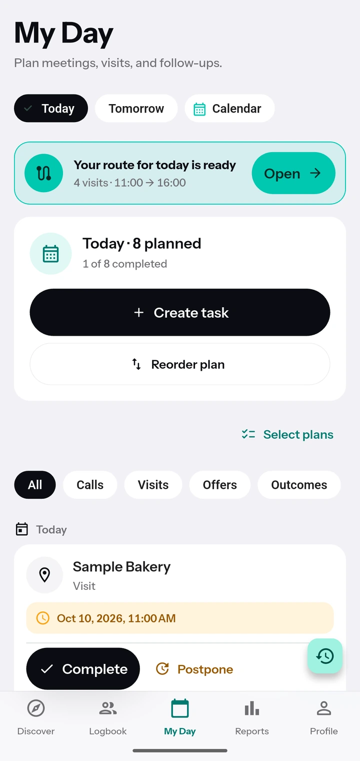 Today in My Day: the “Your route for today is ready” route card and the day's visits