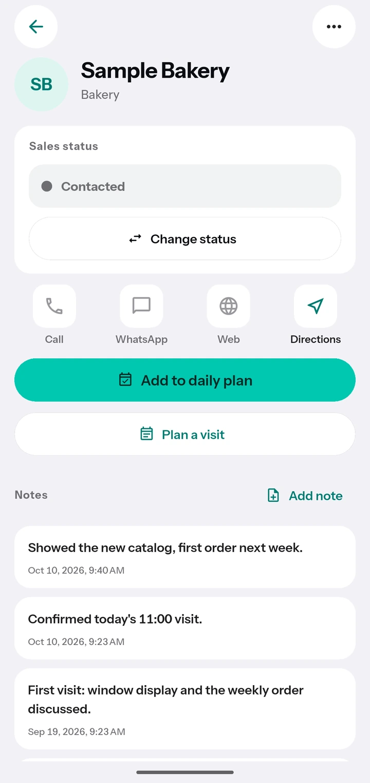 A customer page with notes and visits
